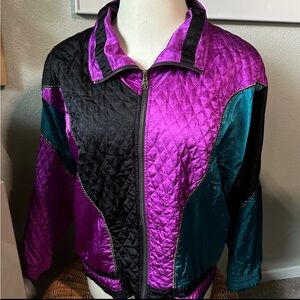 Lavon Women's Silk Bomber Jacket Quilted Purple Teal Black Windbreaker Size L